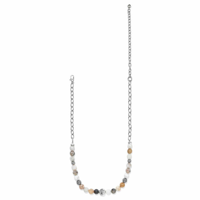 Brighton beaded necklace with mixed cream stone beads, silver-plated chain, and lobster clasp on a white background