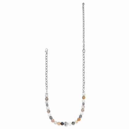 Brighton beaded necklace with mixed cream stone beads, silver-plated chain, and lobster clasp on a white background