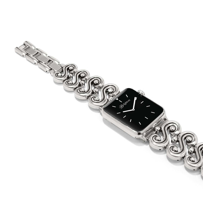 Brighton watch band with silver-plated swirl links, crystal accents, and black square watch face on a white background