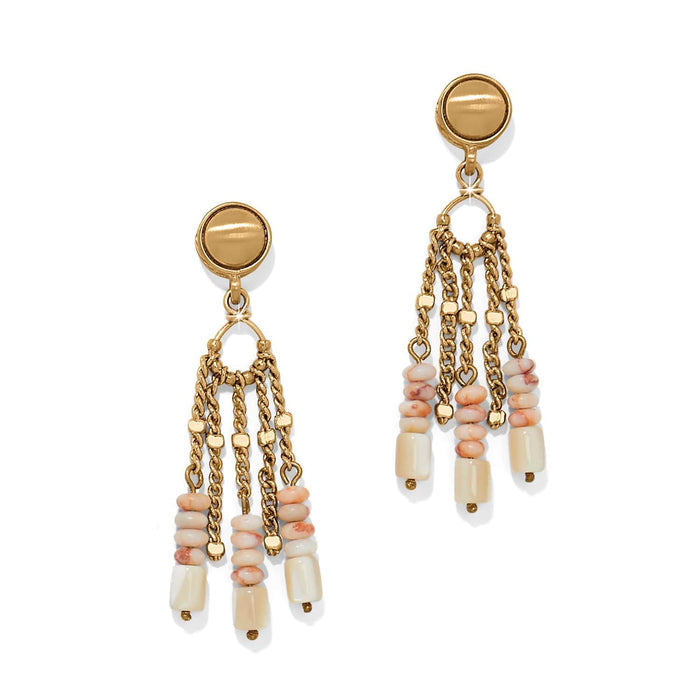 Brighton drop earrings with gold-plated chain fringe and ivory and pink beads on a white background