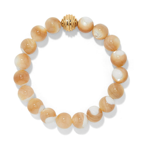 Brighton beaded bracelet with cream and tan swirled stone beads and a gold-plated accent bead on a white background