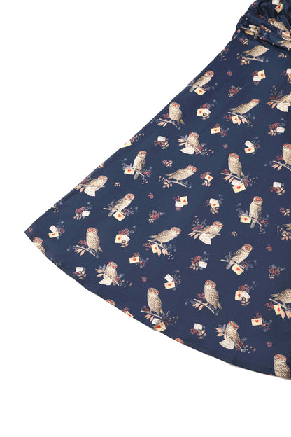 Donna Crossover Bust Oxford Blue Owls and Letters Dress