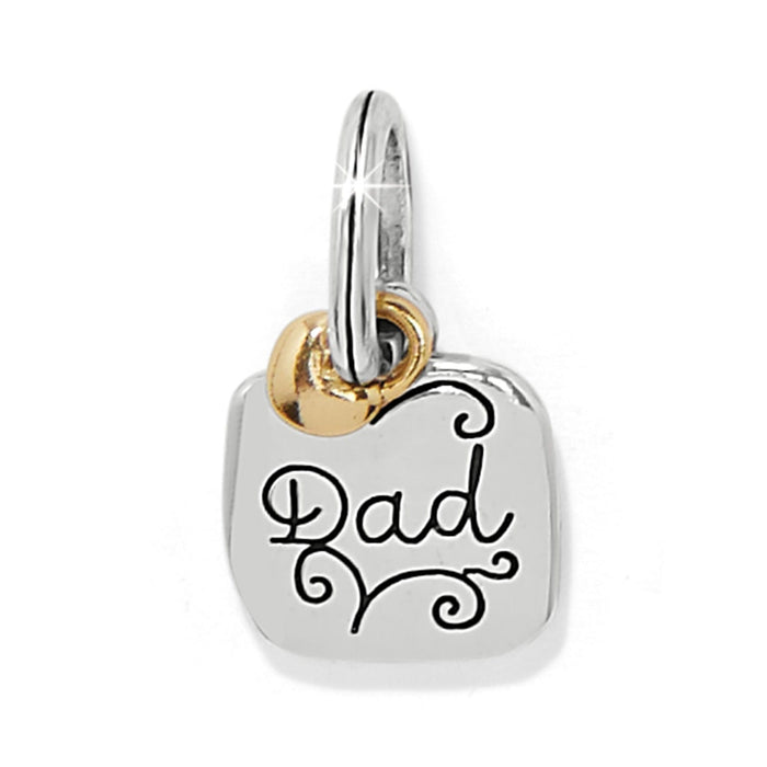 Brighton charm with engraved Dad script in silver-tone finish and gold-tone accent loop on a white background