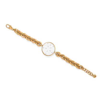 Brighton gold-plated chain bracelet with mother of pearl shell sand dollar medallion and crystal accents on a white background