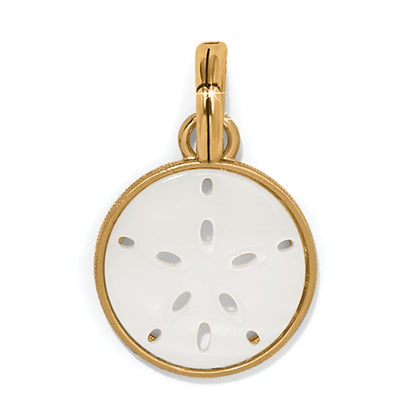 Brighton sand dollar charm with mother of pearl shell and gold plated frame on a white background