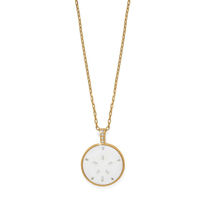 Brighton gold-plated pendant necklace with mother-of-pearl sand dollar disc and crystal-accented bail on a white background