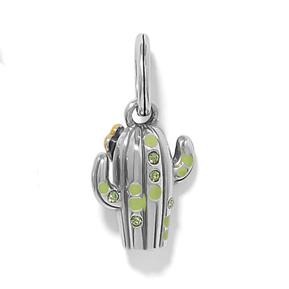 Brighton cactus charm with silver-plated finish, green enamel dots, and green crystal accents on a white background