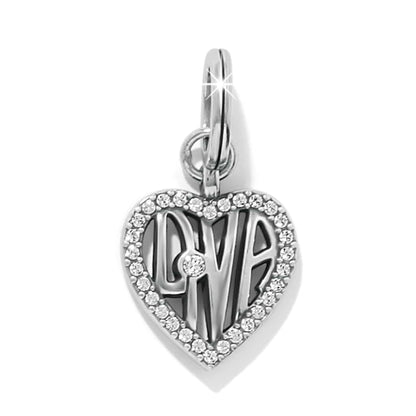 Brighton heart charm with silver-plated finish, crystal border, and Love lettering on a white background