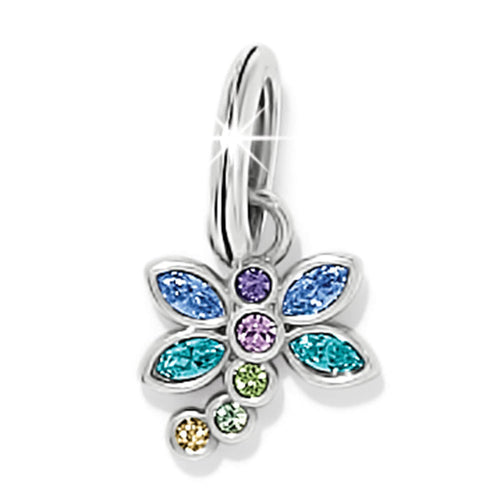 Brighton silver-plated butterfly charm with blue, teal, purple, green, and yellow crystal accents on a white background