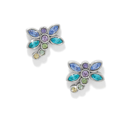 Brighton stud earrings with blue, purple, teal, green, and yellow crystals in silver-plated setting on a white background