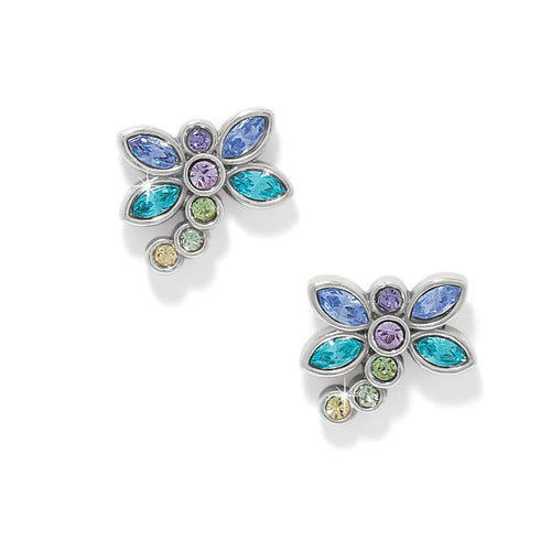 Brighton stud earrings with blue, purple, teal, green, and yellow crystals in silver-plated setting on a white background