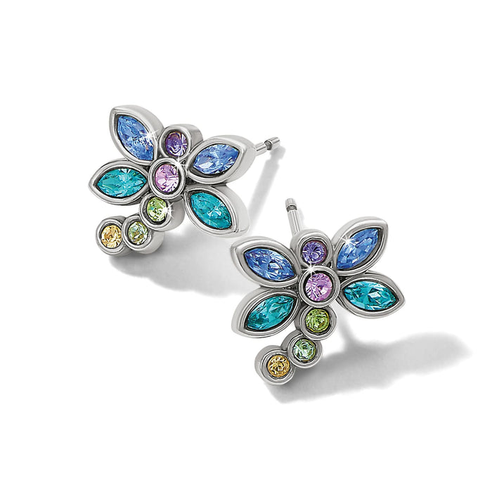 Brighton butterfly stud earrings with blue, teal, purple, and yellow crystals in silver-plated setting on a white background