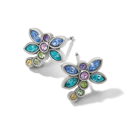 Brighton butterfly stud earrings with blue, teal, purple, and yellow crystals in silver-plated setting on a white background