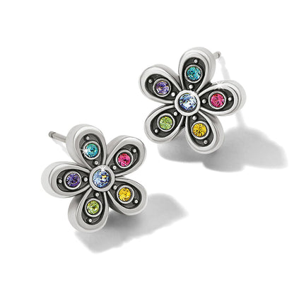 Brighton silver-plated flower stud earrings with multicolor crystal petals and blue crystal centers on a white background