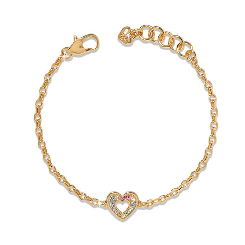 Brighton bracelet with gold-plated chain and multicolor crystal heart charm with adjustable clasp on a white background