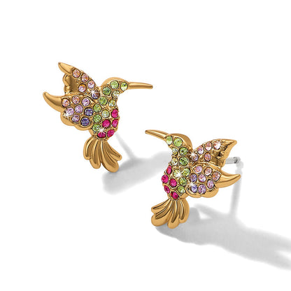 Brighton hummingbird stud earrings with multicolored crystals and gold-plated finish on a white background