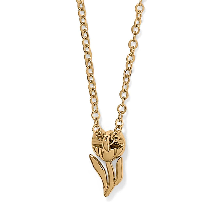 Brighton pendant necklace with gold-plated tulip flower charm and delicate cable chain on a white background
