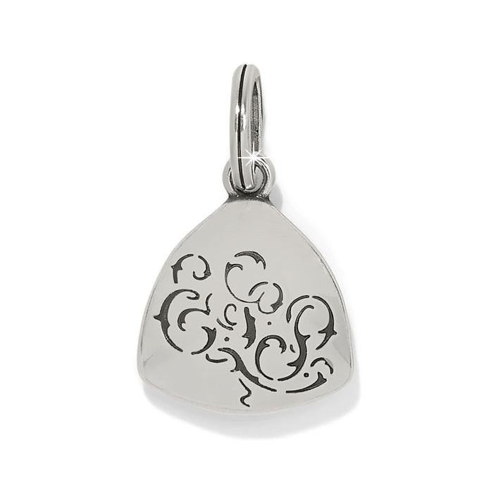 Brighton charm pendant with silver-plated triangular shape and engraved black scroll design on a white background