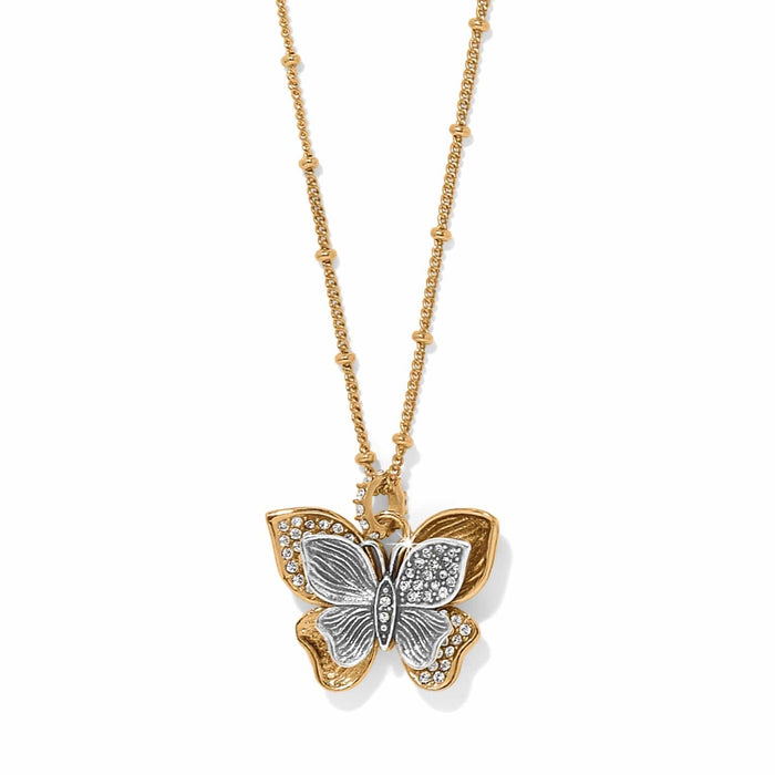 Brighton pendant necklace with two-tone butterfly featuring crystal accents and beaded gold-tone chain on a white background