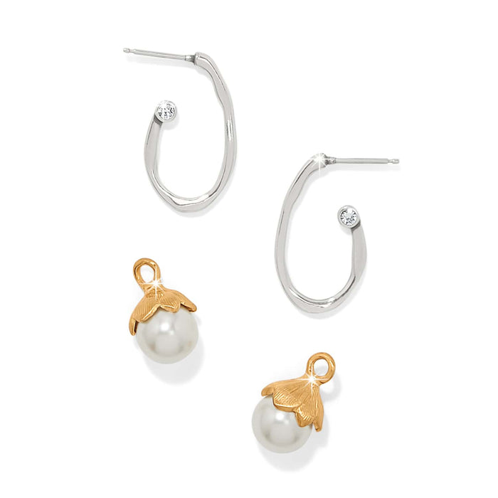 Brighton hoop earrings in two-tone finish with crystal accents and gold glass pearl charms on a white background