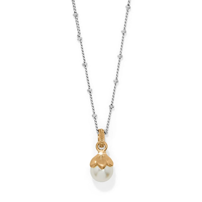 Brighton pendant necklace with fine quality glass pearl, gold plated cap, and silver-tone beaded chain on a white background