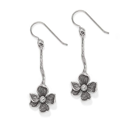 Brighton drop earrings with silver-plated flower charms, crystal centers, and textured stems on a white background