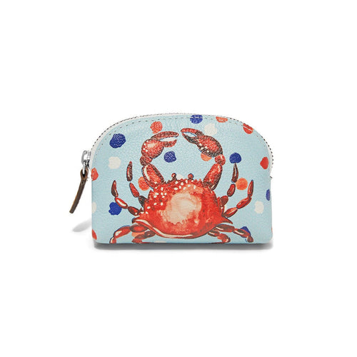 Brighton pouch with light blue crab print and red, blue, and white polka dots on a white background