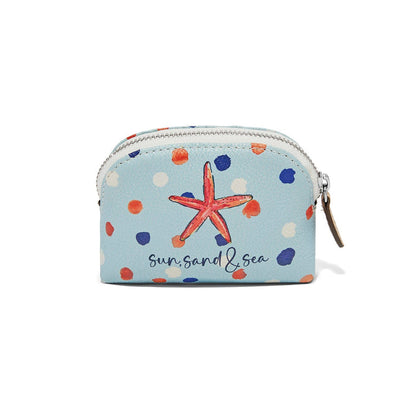 Brighton coin pouch in light blue with starfish print, polka dots, and 'sun, sand and sea' text on a white background