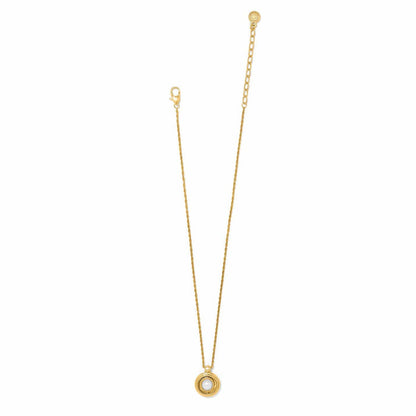 Brighton pendant necklace with gold-plated rope chain and circular pearl pendant on a white background