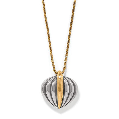 Brighton pendant necklace with two-tone ribbed silver heart-shaped pendant and gold-tone box chain on a white background
