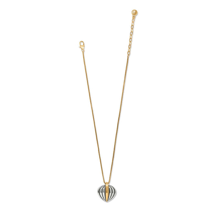 Brighton pendant necklace with two-tone fluted teardrop charm and gold-tone box chain on a white background