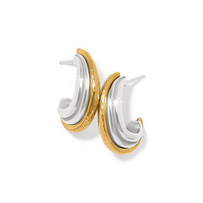 Brighton hoop earrings with two-tone finish featuring polished silver inner curve and hammered gold outer edge on a white background