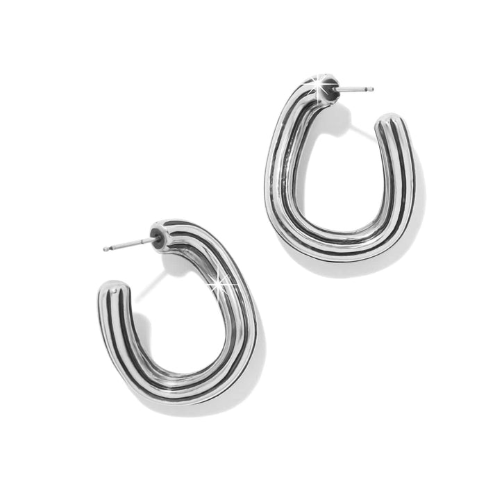 Brighton hoop earrings with curved silver-plated open design and post backs on a white background