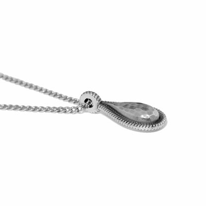 Brighton pendant necklace with hammered silver-plated teardrop and rope-edge border on curb chain on a white background