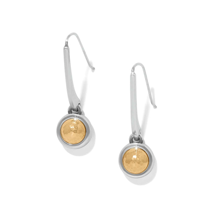 Brighton drop earrings with two-tone finish featuring hammered gold discs in silver-tone frames on a white background