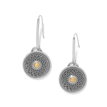 Brighton drop earrings with two-tone medallion discs featuring intricate silver filigree and gold center accents on a white background