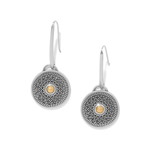 Brighton drop earrings with two-tone medallion discs featuring intricate silver filigree and gold center accents on a white background