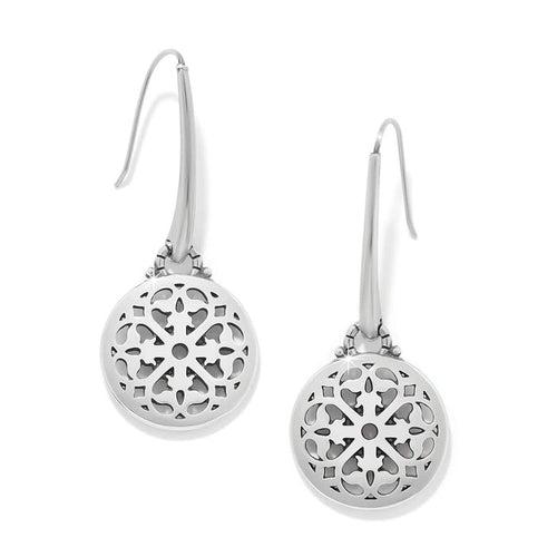 Brighton drop earrings with silver-plated round filigree medallions and French wire hooks on a white background