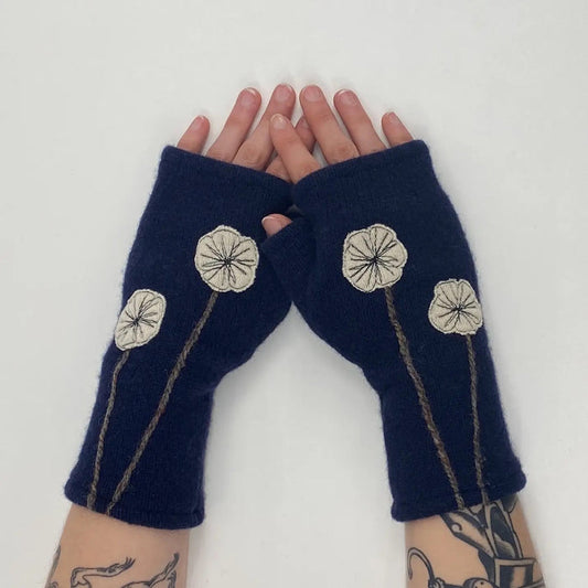 Fingerless Cashmere Gloves: Navy Cherry Blossom