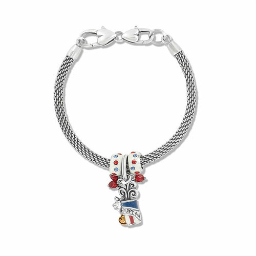 Brighton silver-plated mesh charm bracelet with red, white, and blue enamel beads and patriotic pendant on a white background