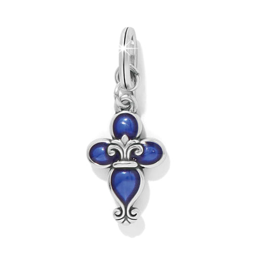 Brighton charm with silver-plated fleur-de-lis cross design and blue enamel detailing on a white background