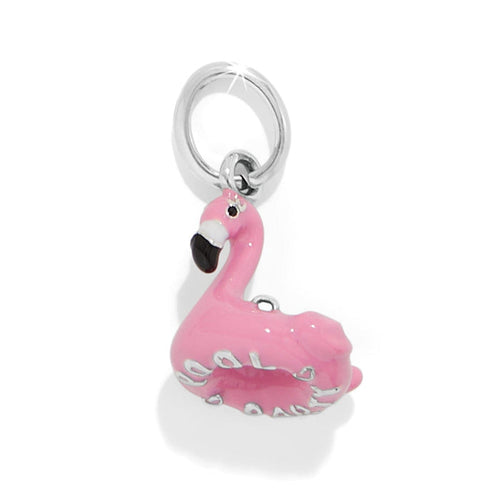 Brighton flamingo float charm with pink enamel and silver-plated ring accent on a white background