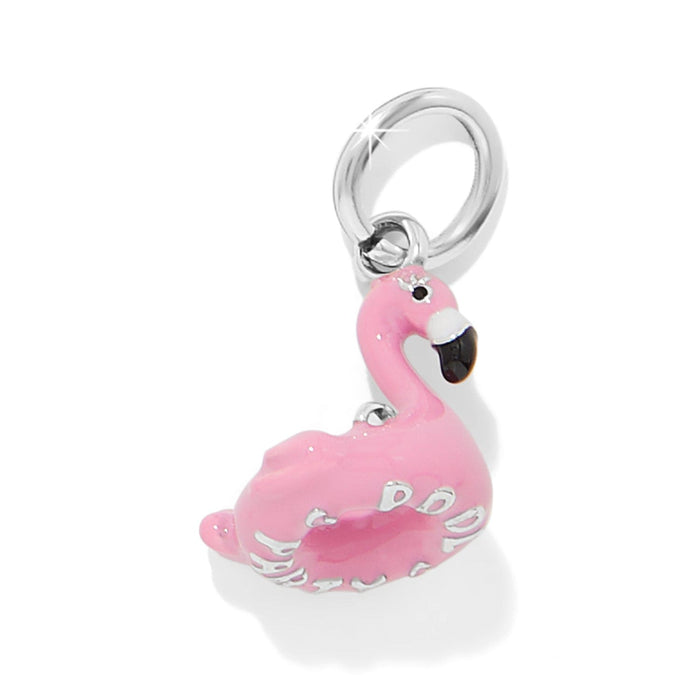 Brighton flamingo charm with pink enamel finish and silver-plated ring on a white background