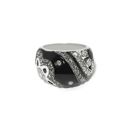 Brighton ring with black enamel, crystal accents, and silver-plated swirl details on a white background