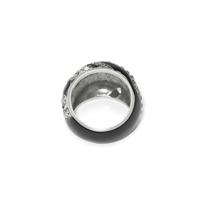 Brighton ring shown from the side with black enamel band, crystal accents, and silver-plated interior on a white background