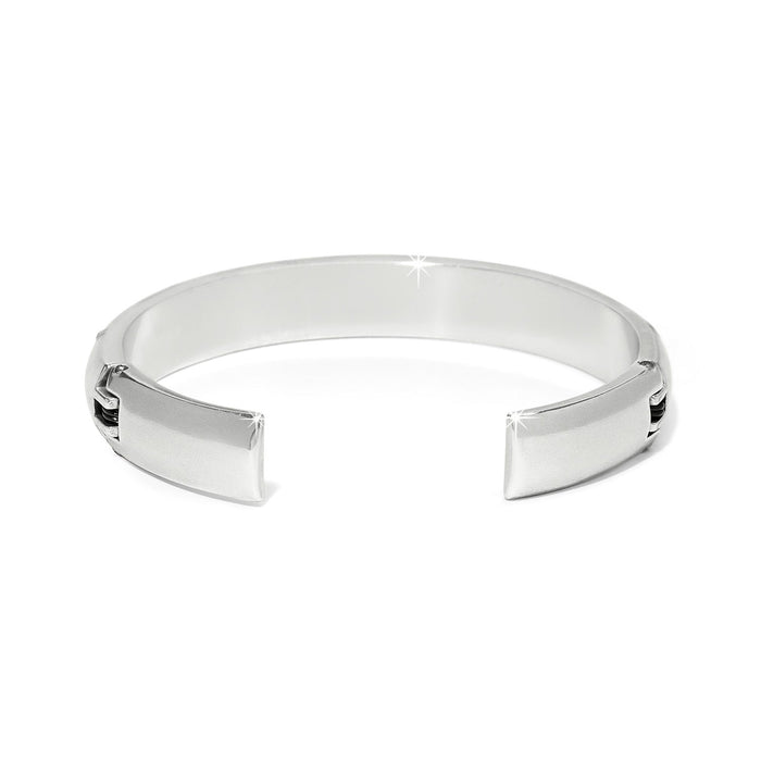 Brighton hinged cuff bracelet shown open with polished silver-plated finish and smooth rectangular ends on a white background
