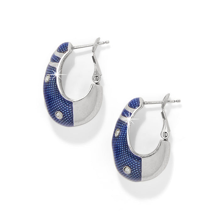 Brighton hoop earrings with blue enamel, silver-plated finish, and crystal accents on a white background