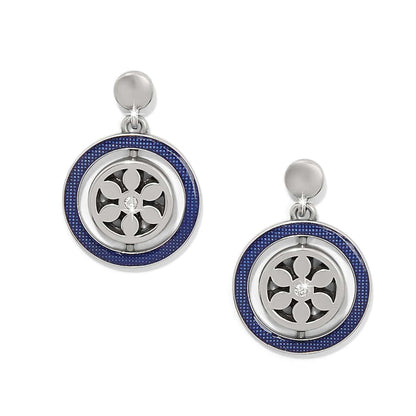 Brighton drop earrings with silver-plated medallions, blue enamel borders, and crystal centers on a white background