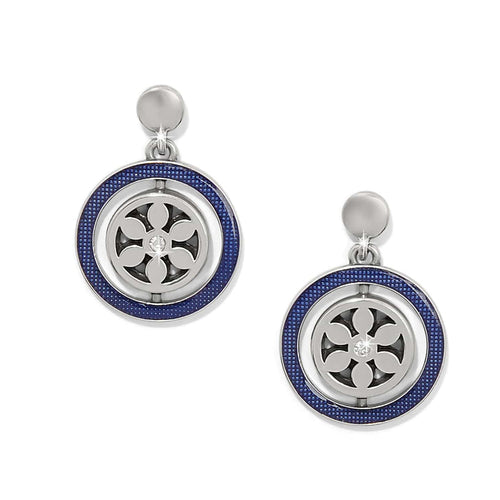 Brighton drop earrings with silver-plated medallions, blue enamel borders, and crystal centers on a white background