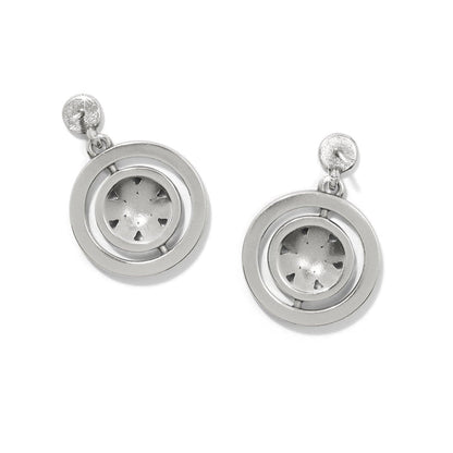 Brighton drop earrings with silver-plated concentric circle design and recessed center medallions on a white background
